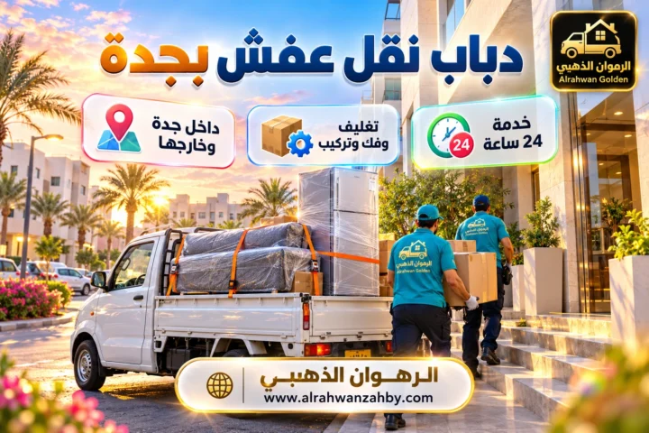 دباب نقل عفش بجدة يحمّل أثاثاً مغلفاً أمام عمارة سكنية — الرهوان الذهبي