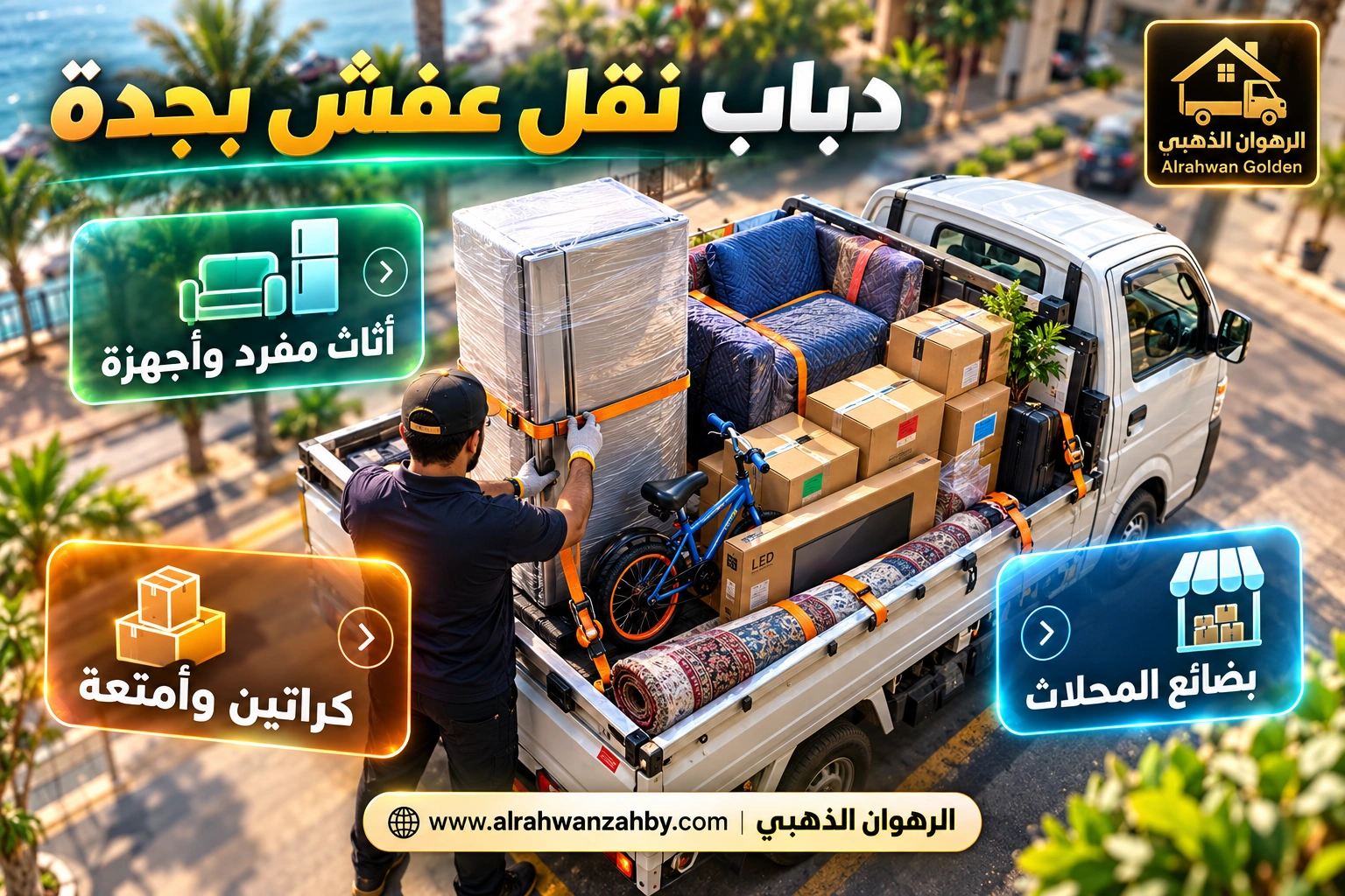 أغراض مناسبة لدباب نقل العفش بجدة: ثلاجة وكنبة وكراتين مرتبة في الصندوق