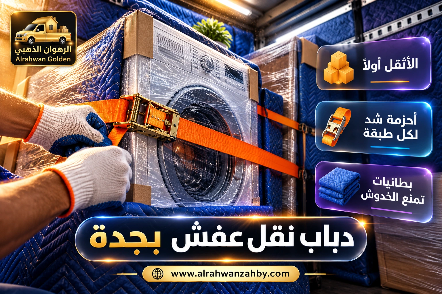 ترتيب وتثبيت العفش بأحزمة الشد داخل دباب نقل عفش بجدة