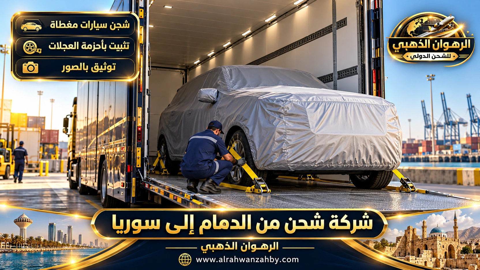 شحن سيارة مغطاة من الدمام إلى سوريا على ناقلة مغلقة