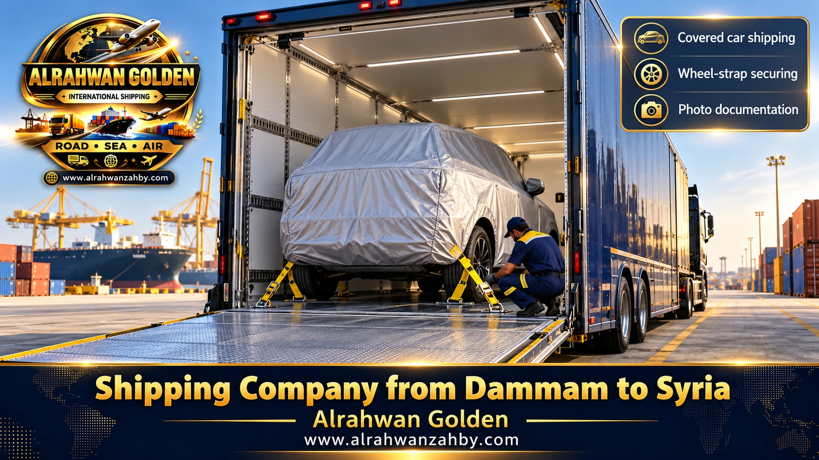 A covered SUV on an enclosed carrier for shipping from Dammam to Syria