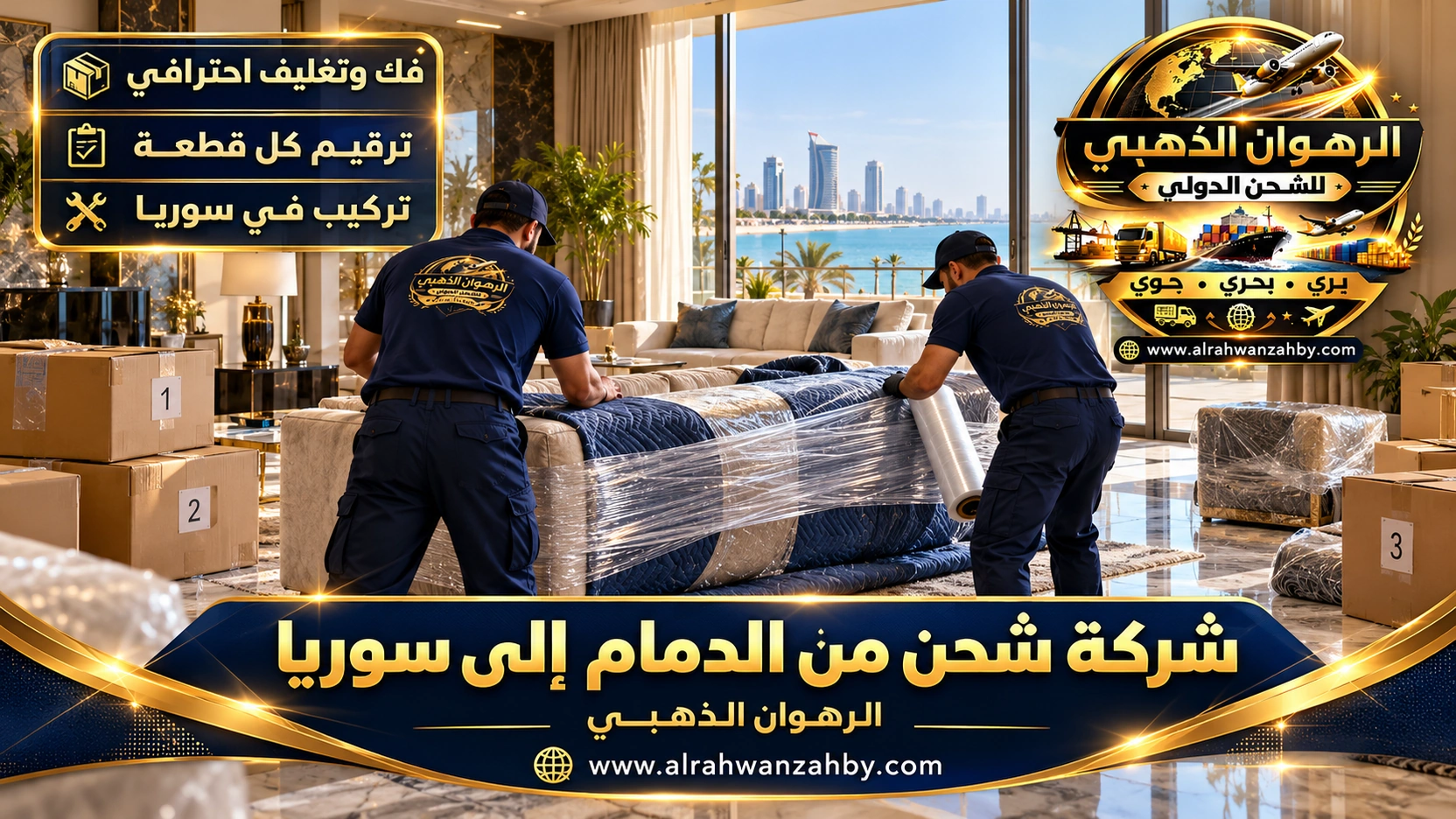 تغليف كنبة وأثاث في الدمام قبل شحنه إلى سوريا