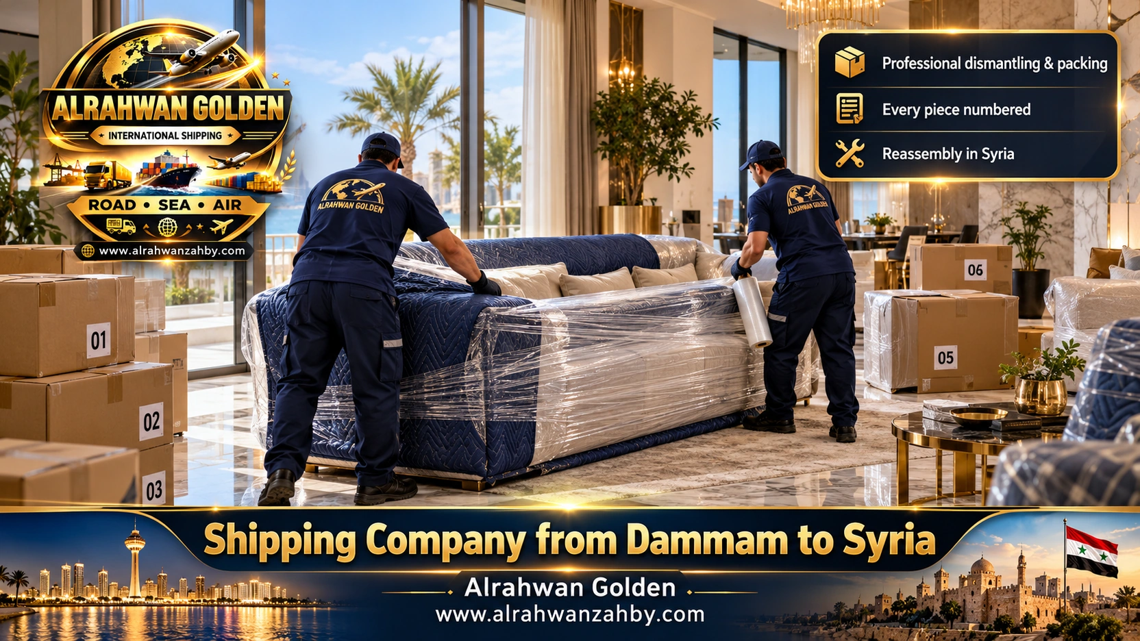 Packing a sofa and furniture in Dammam before shipping to Syria