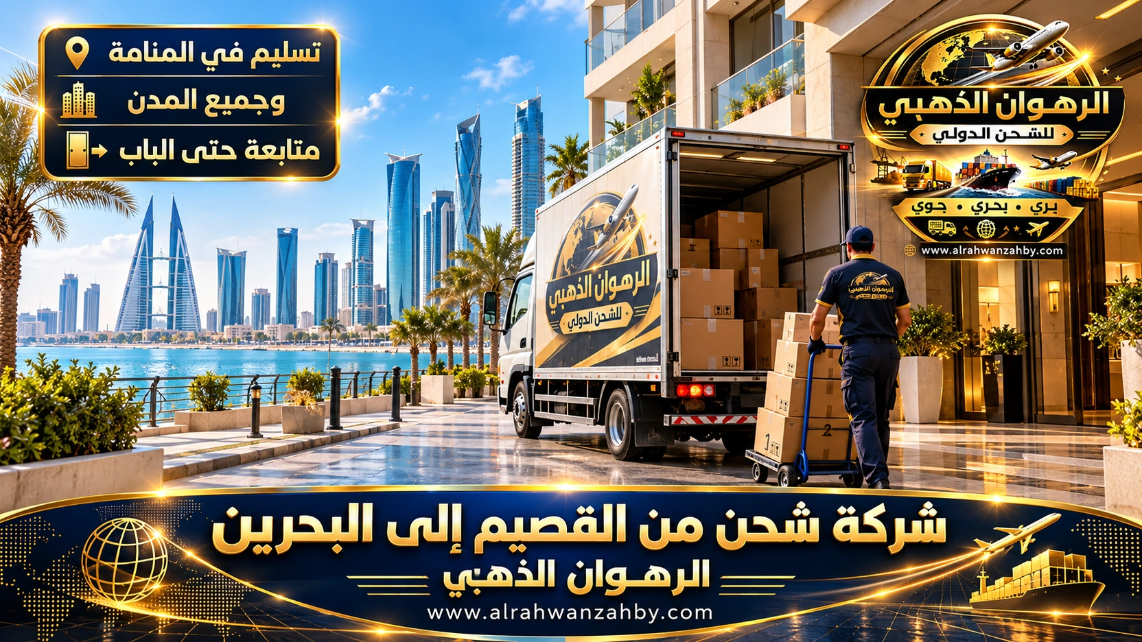 تسليم كراتين شحنة القصيم أمام مبنى سكني في المنامة