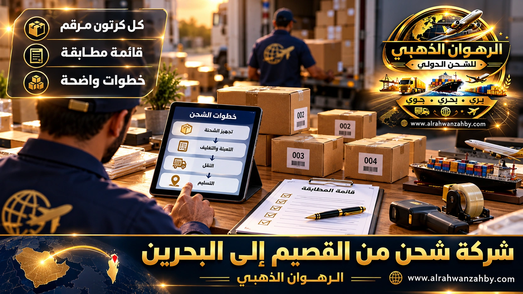 كراتين مرقمة وقائمة تعبئة لشحنة القصيم إلى البحرين