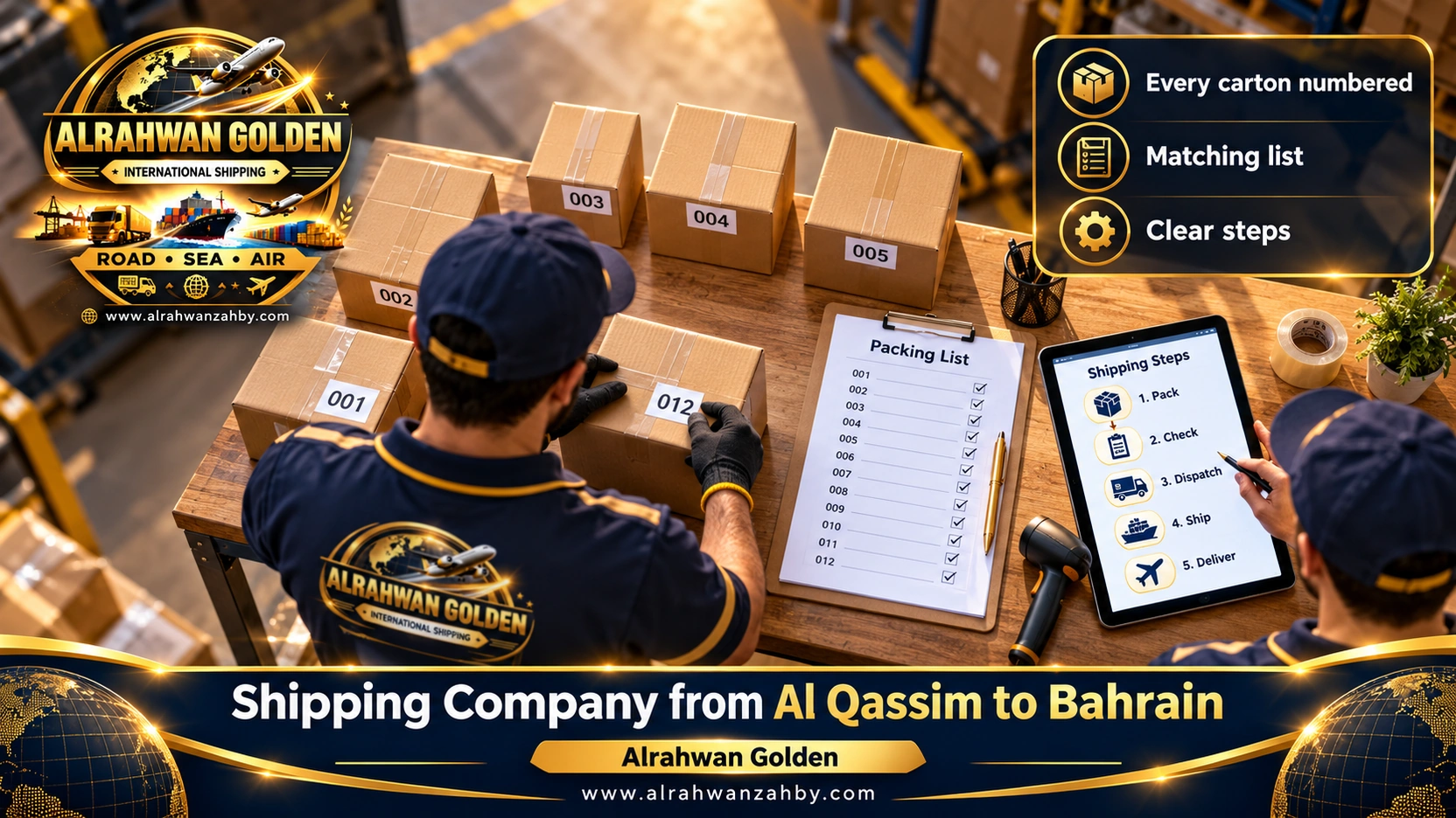 Numbered cartons and a packing list for an Al Qassim to Bahrain shipment