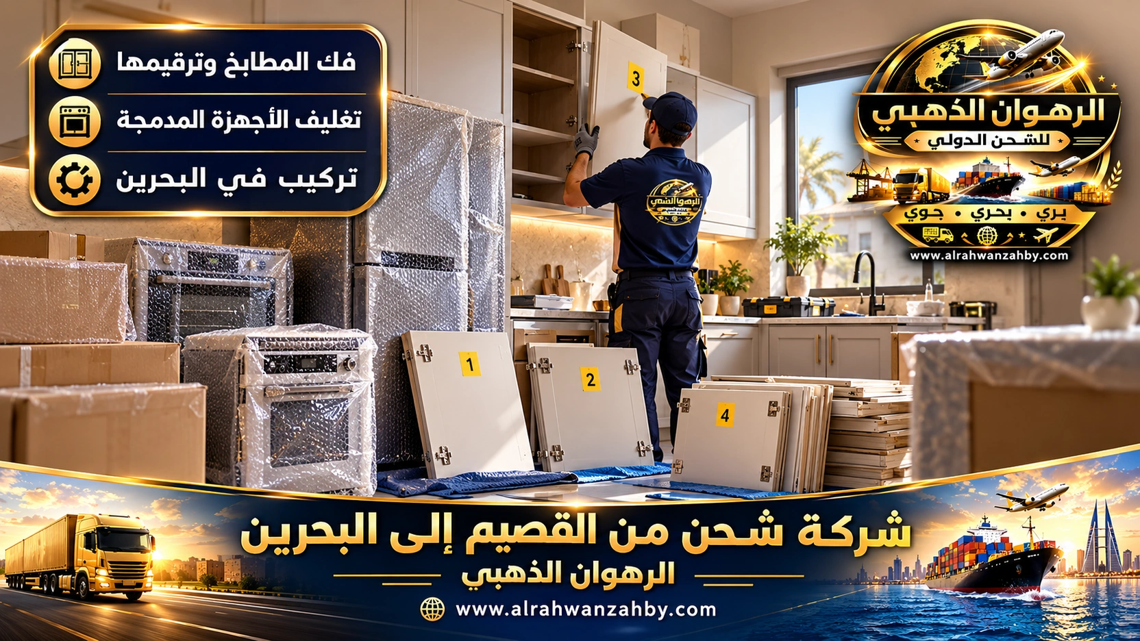 فك خزائن مطبخ في عنيزة وترقيمها قبل نقلها إلى البحرين
