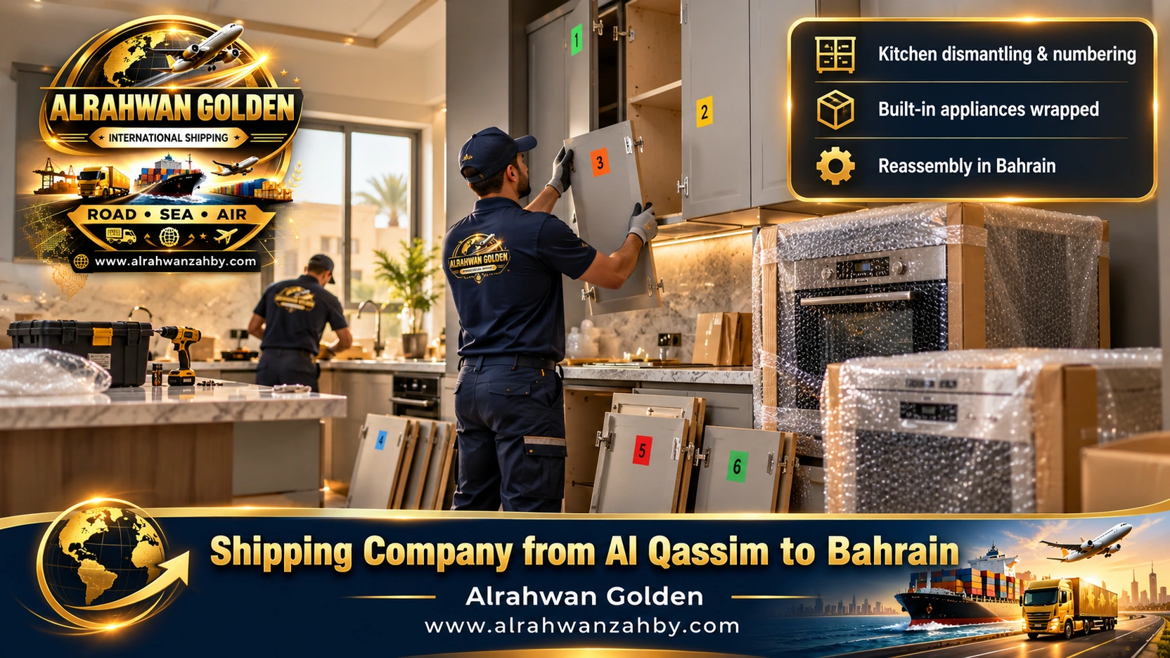 Dismantling and numbering kitchen cabinets in Unaizah before moving to Bahrain