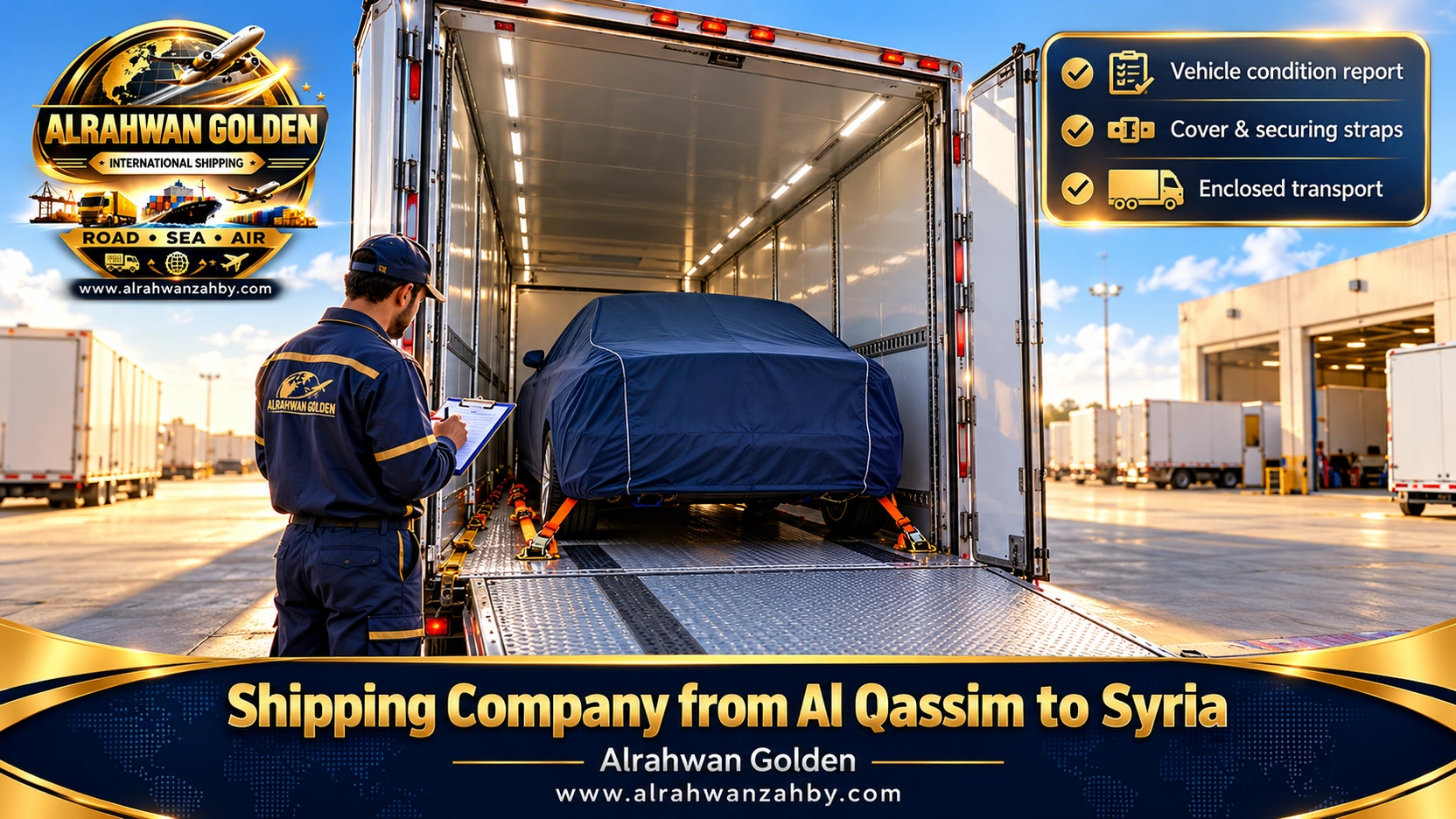 A covered car inside an enclosed carrier in Buraidah for shipping to Syria