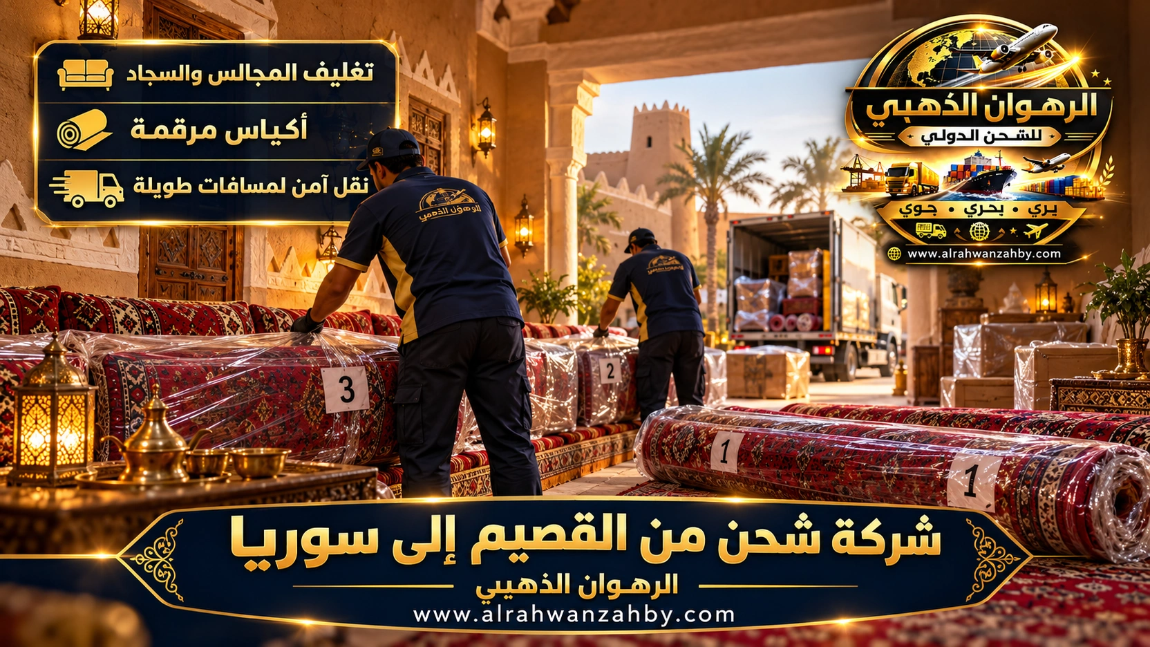تغليف مساند المجلس والسجاد في بيت ببريدة قبل الشحن إلى سوريا