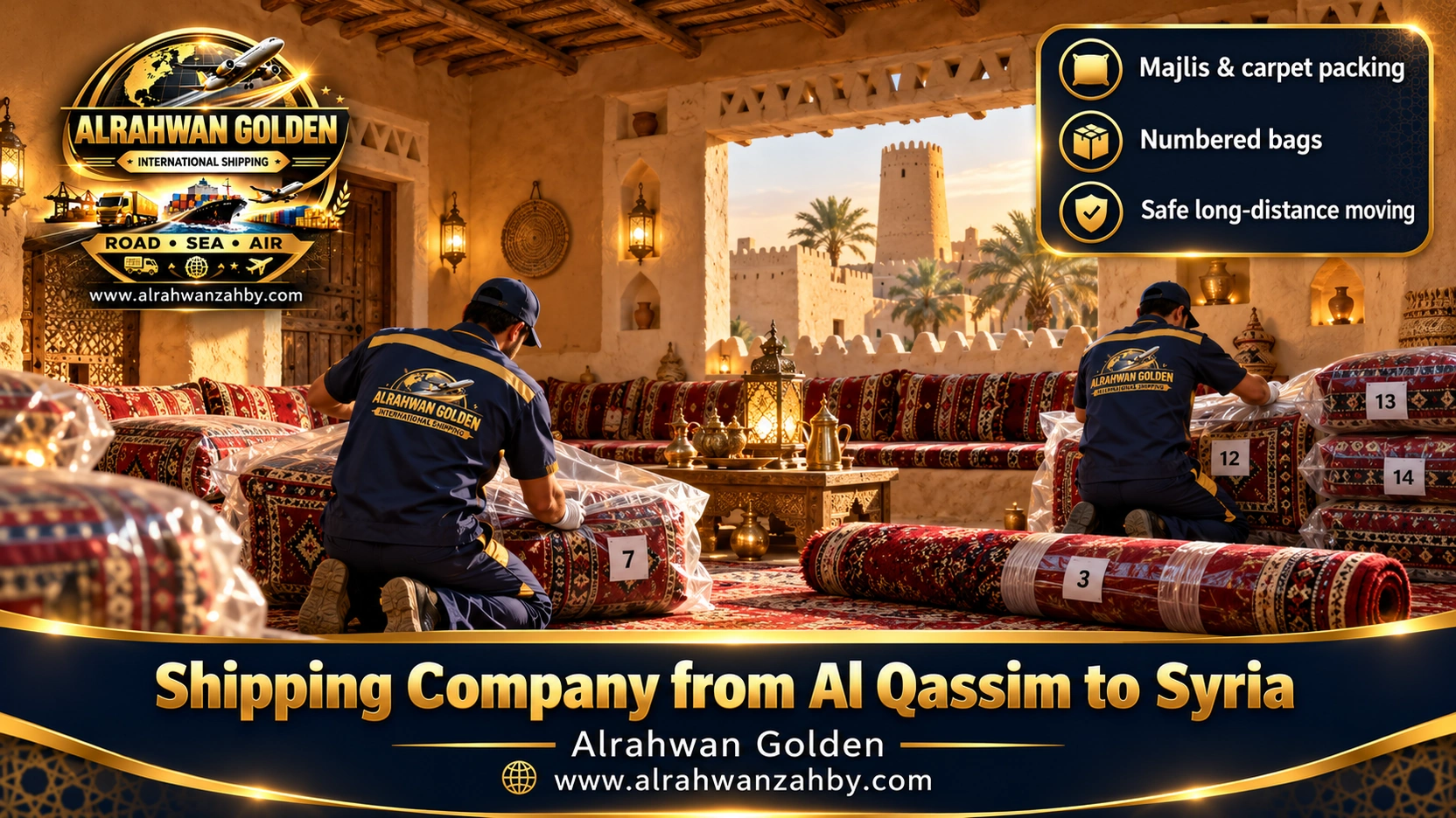 Wrapping majlis cushions and carpets in a Buraidah home before shipping to Syria